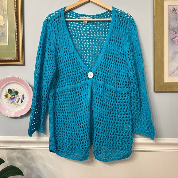 Windiriver Sweaters - WindiRiver Teal Crochet Cardigan Size XL Babydoll Boho Bohemian Hippie Y2K